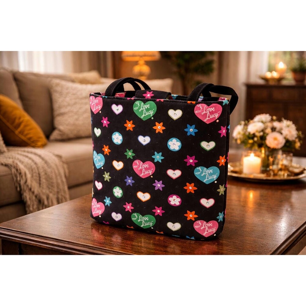 I Love Lucy Tote Bag Vintage Style Black Heart Print Purse Retro TV Show Handbag